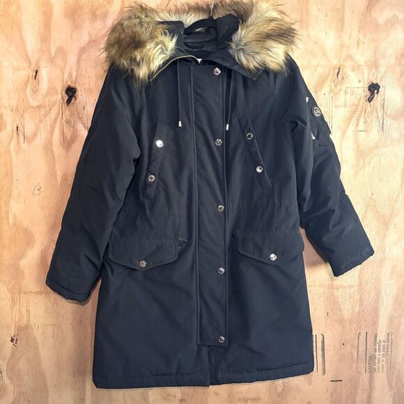 Michael Kors Missy Faux Fur Down Black Anorak Jacket Large - Picture 1 of 6